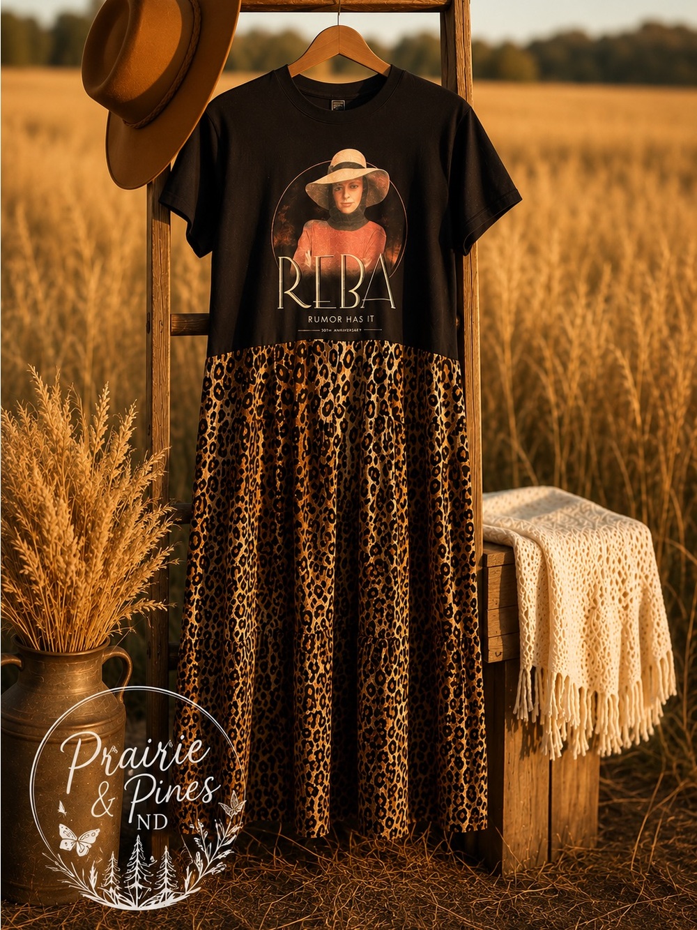 Upcycled Reba Concert Tee with Leopard Midi Dress